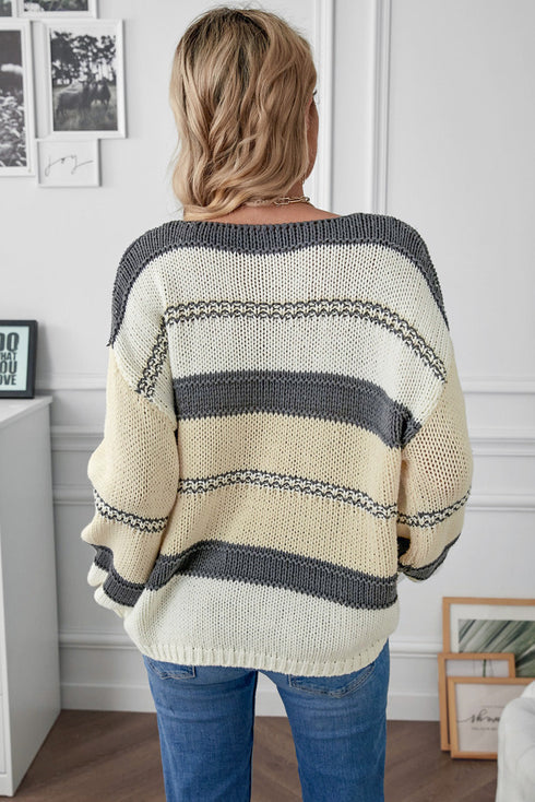 V-Neck Knitted Lantern Sleeve Pullover Sweater